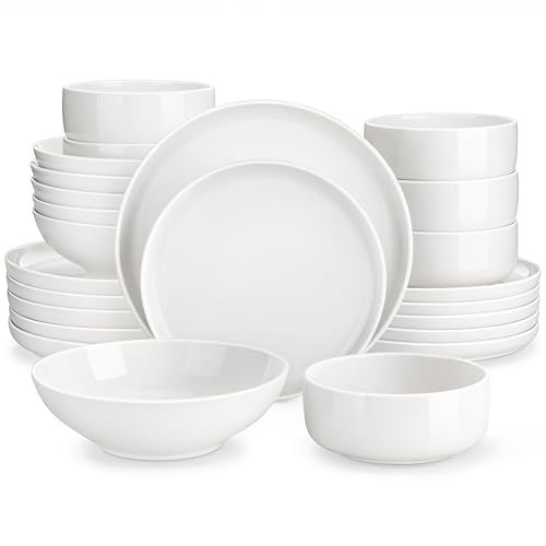MALACASA Geschirrset 6 Personen, LUNA 24-tlg Tafelservice aus Weißem Porzellan, Modernes Geschirr Set mit je 6 Speiseteller, Dessertteller, Suppenteller und Müslischalen