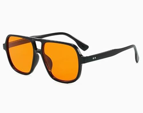LEIIERUY Retro Sonnenbrille Damen Herren – 70er Jahre Vintage Sonnenbrille mit UV400 Schutz, Doppelsteg Design, Schwarzer Rahmen & Orangefarbene Gläser