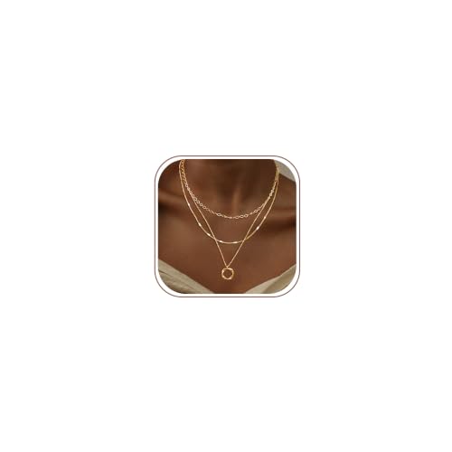 Tewiky Layering Halskette Damen - 14K Gold Vergoldet Trendige mit Kreis Anhänger, Wasserfest Schmuck Set Geschenke für Frauen Mädchen
