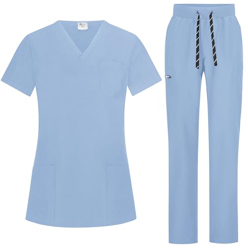 B-well BELLA Damen-Schrubb-Set Schlupfkasack + Schlupfhose Set Medizin Arzt Uniform Schlupfjacke Oberteil mit Hose Medizinische Berufsbekleidung mit Elastan (Hellblau, M)