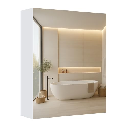 VASAGLE Kailyn Collection - Hängeschrank mit Spiegel, moderner Badezimmerspiegelschrank, Aufbewahrungseinheit mit verstellbarem Einlegeboden, 1 Tür, 13 x 50 x 60 cm, Weiß BBK012WB01