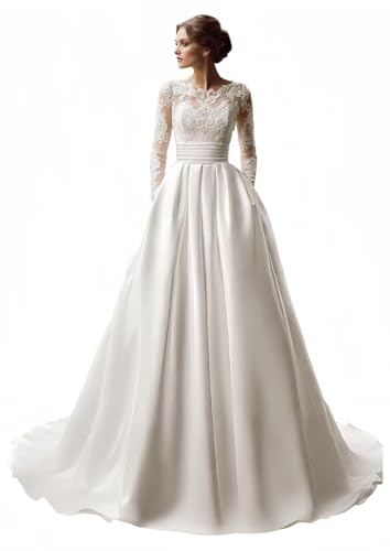 IUYRESX Hochzeitskleid,Elegantes Langärm Satin Brautkleid Vintage Spitzenapplikationen A-Linie Hochzeitskleid Mit Taschen Schleppe Weiß 36