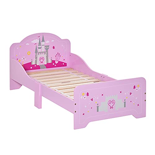 HOMCOM Kinderbett mit erhöhten Holzkanten für Kinderzimmer, Kinderbett für 3-6 Jahre, 143x73x60cm, Rosa