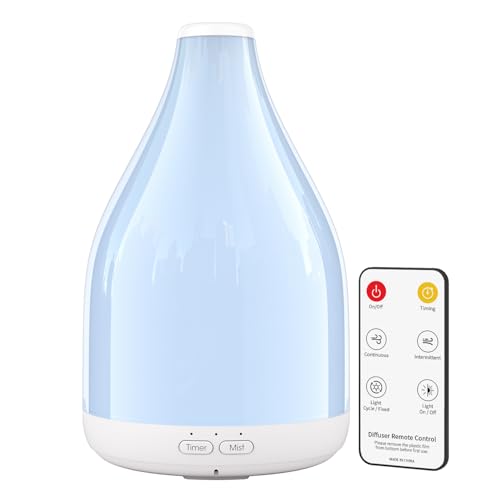 KinYiLO Diffusor für ätherische Öle für zu Hause, Aromatherapie-Diffusoren, 300 ml Ultraschall-Luftbefeuchter, Timer mit automatischer Abschaltung nach 1, 3 oder 6 Stunden, Farbiges Licht, Weiß
