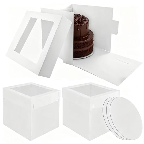 Hxjfnb 3 Stück Tortenbox Hoch,Tortenkarton,Kuchenbox,30.5X30.5X30.5cm Tortenkarton Kuchen Transportbox Hoch mit Transparentes Sichtfenster,TortenkartonKuchenboxen Einweg für Torten, Gebäck