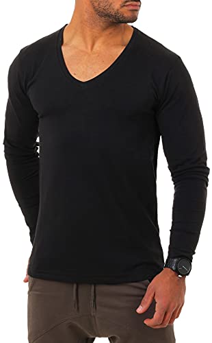 Young & Rich Herren Langarm Shirt mit tiefem V-Ausschnitt deep v-Neck Longsleeve Slim fit Stretch 2239, Grösse:XL, Farbe:Schwarz