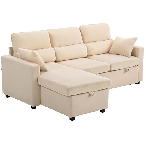HOMCOM Ecksofa mit Schlaffunktion L-Form Sofa Couch mit Bettkasten, Kissen, 3-Sitzer Wandelbare Eckcouch mit Cordoptik für Wohnzimmer, Gästezimmer, Beige