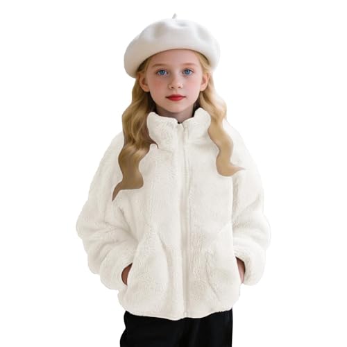 Guqmjde Winterjacke Mädchen Fleecejacke Kinder Wintermantel Warme Teddyjacke Outdoorjacke Stehkragen Fleecejacken Flauschig Fleece Jacke Casual Kuscheljacke Weiche Plüschjacke Kinderjacke Weiß 130