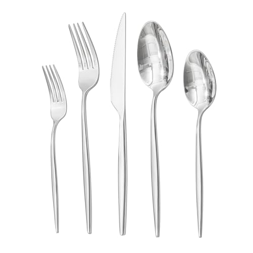 HIKAA Besteck Set 6 Personen, 30-Teiliges Edelstahl Besteckset aus hochwertigem 18/10, Essbesteck mit Gabeln, Messern und Löffeln, Cutlery Set für Restaurant, Hochzeit, spülmaschinenfest(Silber)