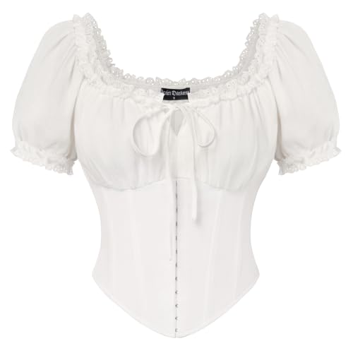 SCARLET DARKNESS Damen Korsett Oberteil Kurzarm Baumwolle Corset Top Gesmokte Taille Mittelalter Piraten Bluse Weiß S