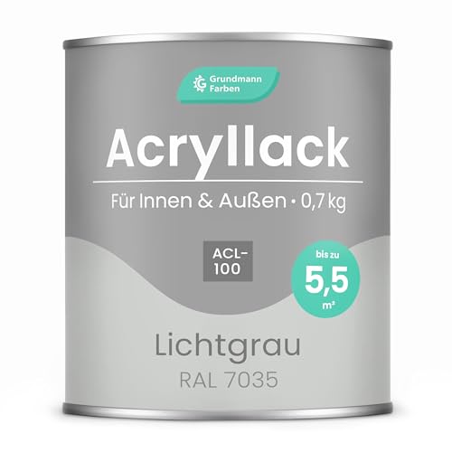 Grundmann Acryllack ACL 100 - Hellgrau 0,7 Kg - 4in1 Lack inkl. Grundierung - Innen und Außen - Für Holz, Metall, Stein & Kunststoff - Lichtgrau RAL 7035