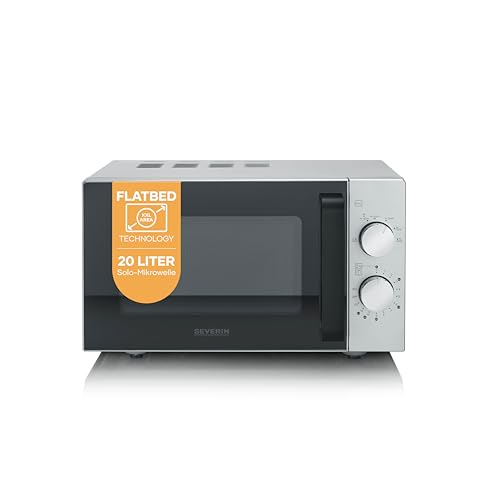 Severin Solo-Mikrowelle mit Glasboden, Flatbed (flacher Hohlraum für große Speisen), ohne Drehteller, gleichmäßige Erwärmung, 6 Stufen, 2 Drehregler, 20L, 800W, matt,schwarz,Edelstahl, MW 9184