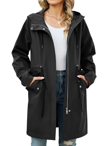 Tuopuda Übergangsjacke Damen Wasserabweisend Lange Regenjacke Windbreaker Leicht Parka mit Kapuze für Frühling Sommer Herbst(Schwarz,XXL)