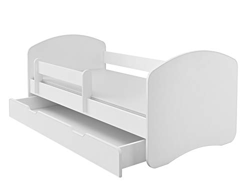 ACMA Kinderbett 160x80 cm Weiß mit mit Matratze und Lattenrost - Juniorbett mit Rausfallschutz, Belastbar bis 120 kg,Variante mit Schublade