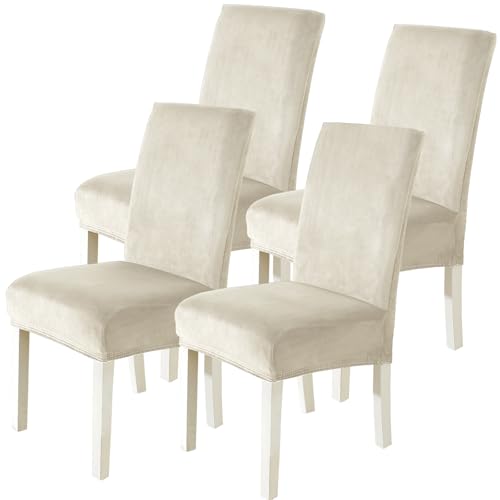 CYCMACO Stuhlhussen Samt 4er Set, Stretch Stuhlüberzieher, Stuhlbezug Schwingstuhl, Hussen Für Stühle Hochlehner, Stuhlbezüge Kratzfest, Universal Chair Cover Waschbarer, Beige