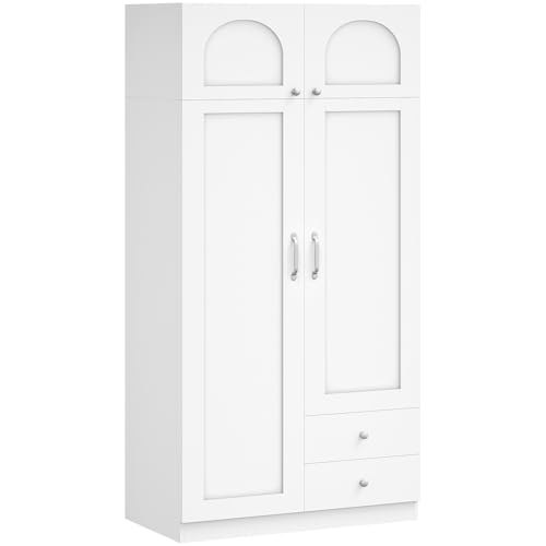 Hzuaneri Kleiderschrank mit 4 Türen 2 Schubladen, Kleiderschrank mit Kleiderstange und Ablagefach, Drehtürenschrank für das Schlafzimmer, für Gästezimmer und Kleine Räume, Weiß, BW08003E