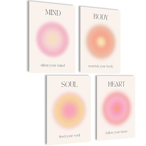 mojoliving Boho Bilder Set Poster Deko Set Bilder Wanddeko Abstrakte Poster Aesthetic Bilderset Yoga Wandbilder Wohnzimmer Blumen (Aura Soul Heart Mind Body, Posterset 4x A4 (21x30cm) | ohne Rahmen)