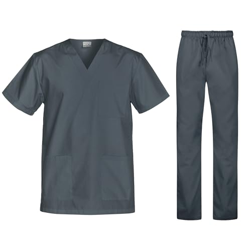 B-well Cesare Unisex-Schrubb-Set Schlupfkasack + Schlupfhose Set Medizin Arzt Uniform Schlupfjacke Oberteil mit Hose Medizinische Berufsbekleidung - Leichter Stoff (Grau, M)