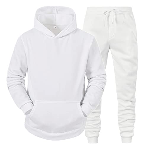 Generisch Jogginganzug Herren Tracksuit Langarm Hooded Sweatshirt Jogginghose Einfarbig Baumwolle 2 Teiliges Sets Trainingsanzug Männer Hoodie Sportanzug Jogging Anzug Set Weiß L