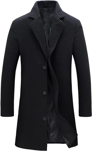 Springrain Herren-Trenchcoat mit Kerben, einreihig, lang, Erbsenmantel, Schwarz, XL