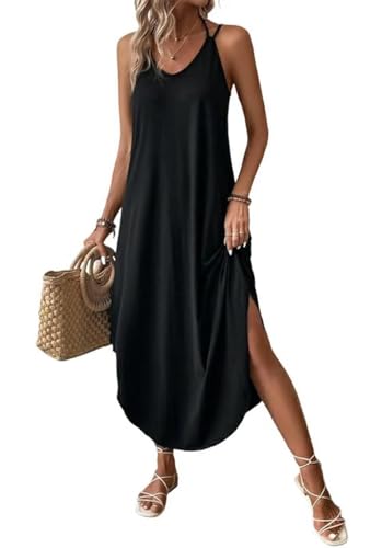 Chicrise Sommerkleid Damen V Ausschnitt Lang Maxikleid Blumen Sommer Strandkleid Oversize Elegant Schwarz Groß 42-44