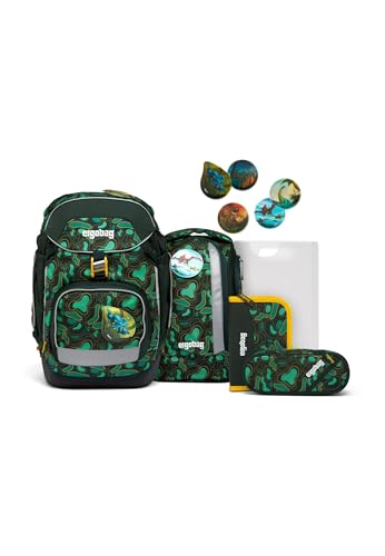 ergobag pack Set ergonomischer Schulrucksack, Schulranzen, Vorgänger-Kollektion, flexibel 6-teilig Grundschule TriBäratops - Dunkelgrün