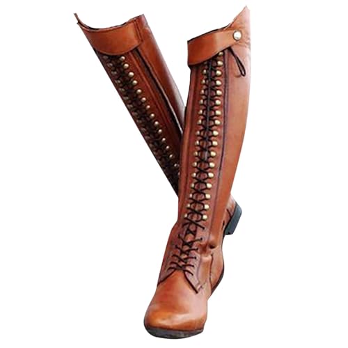 LNNLOO Thermo-Reitstiefel (34–43), Kniehohe Reitstiefel, Schnürung + Spitze Zehenpartie, rutschfest + Wasserdicht, Niedriger Absatz (1–3 cm), Für Unisex/Winter,43,Brown