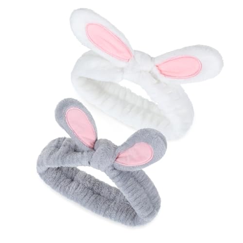 JIEYAO 2 Stück Kosmetik Haarband,Haarbänder für Make Up Elastisch Schminken Stirnband für Damen Mädchen Hasen Ohren Korallen Fleece Haarreifen für Spa Beauty Waschen Gesicht Yoga Sport Schönheit