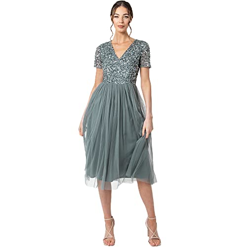 Maya Deluxe Damen Midi-Kleid mit V-Ausschnitt, Verziert Brautjungfernkleid, Grün (Misty Green), 40 EU