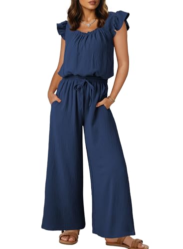 Dokotoo Jumpsuit Damen Sommer Musselin Overalls Festlich Elegant Hosenanzug Weites Bein Playsuit Lang Romper, marineblau, M