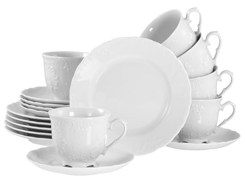 CreaTable, 12618, Serie Rokoko Weiss, 18-teiliges Geschirrset für 6 Personen, Kaffeeservice aus Porzellan, spülmaschinen- und mikrowellengeeignet, Made in Europe