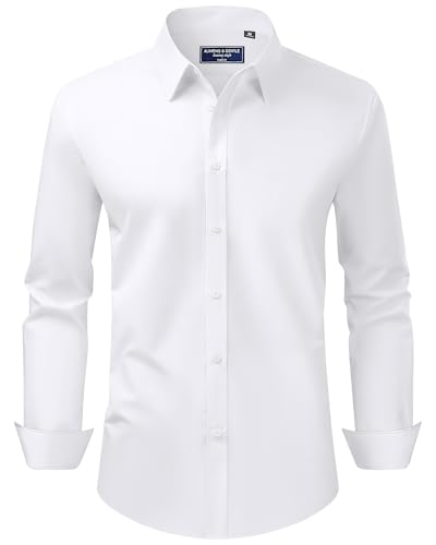 Alimens & Gentle Herren Hemd Langarm Shirt Business Fleckenschutz Hemden Pure Hochzeit Herrenhemden Weiß L