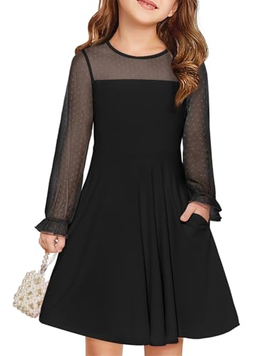 Haloumoning Kleider Mädchen Festliches Prinzessin Kleid Kinder Kontrast Mesh Langarm Puff Sommerkleider Elegant A-Linie Rundhals Partykleid mit Taschen, Schwarz, 9-10 Jahre