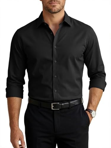 Runcati Herren Hemd Langarm Stretch Herrenhemden Regular Fit Bügelleicht Businesshemd Leicht Wasserabweisend Anzughemd für Freizeit Hochzeit Schwarz XL