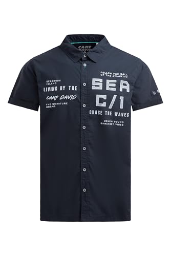 Camp David Herren Kurzarmhemd mit Label Prints Blue Navy, 4XL