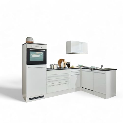 Jazz 6 Moderne Eckküche ohne Elektrogeräte in Weiß Hochglanz, Metallic Grau - Geräumige Küchenzeile in L-Form mit viel Stauraum - 260 x 200 x 60 cm (B/H/T)
