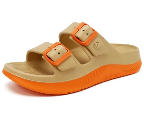 ONCAI Damen Sandalen 2026 Pantoletten Verstellbarem Riemenverschluss Outdoor Sport Athletic Slides Offenen Zehen und Dicker Polsterung Athletischen Komfortablen Gummisohlen Beige/Orange Größe EU38