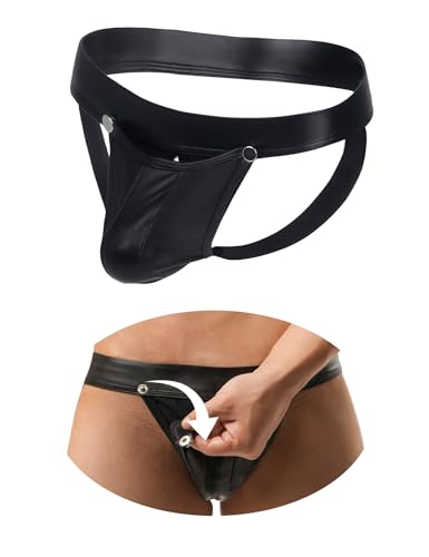 ohyeahlady PU Leder Strings für Herren Tanga mit Öffnung Sexy Unterwäsche Große Größen Dessous Reizwäsche Ouvert Slip Wetlook Unterhosen Thong Low-Rise Pouch Underwear Jockstrap Briefs Schwarz L
