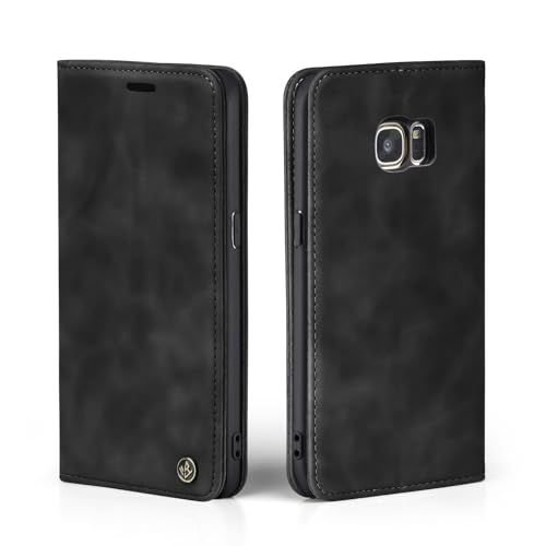 LBH Handyhülle für Samsung Galaxy S7 Edge in Schwarz mit Karten- und Geldfach Smartphone Hülle mit Standfunktion Flip Case Schutzhülle Magnetverschluss Vintage