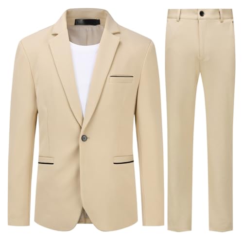 Allthemen Herren Anzug Stretch 2 Teilig Herrenanzug Slim Fit Business Hochzeitsanzug 1 Knopf für Männer Khaki XL