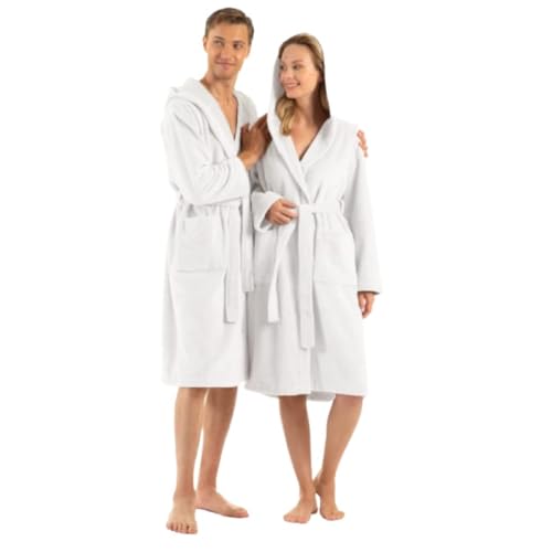 English Home Bademantel Damen Flauschig, Bademantel Herren mit Kapuze aus Baumwolle, Frottee Saunamantel, Unisex, Sauna Mantel Damen mit lang Gürtel