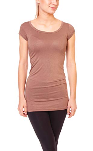 Easy Young Fashion - Damen Basic T-Shirt - langes Kurzarm Longshirt - Rundhals Longsleeve - Unterziehhemd Skinny Fit 1002 - Hellbraun L