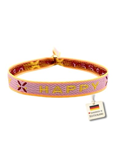 happymaker - Festival Armband, Stoffarmband mit Statement - Happy - mit vergoldeter Perle, Armband Damen Boho, wasserfest und handmade, Freundschaftsarmband