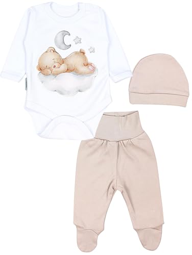 TupTam Baby Set mit Langarmbody, Hose & Mütze – 3-teilig, Farbe: Bärchen auf der Wolke Weiß Beige, Kinder Größe: 50