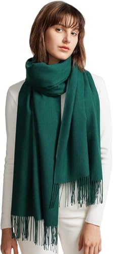 maamgic Schal Damen Warm Winter Herbst unifarben Baumwolle mit quasten/fransen, 20+ Farben Einfarbig & Kariert Pashmina Stola Schals MEHRWEG,Dunkel Grün