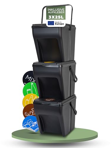 Novaliv Mülltrennsystem Set - 3x 25L Mülleimer Trennsystem - Mülleimer 4 Fächer - Mülltrennsysteme stapelbar - Mülltrennung Recycling Behälter - Abfalltrennsystem - Müll Organizer Müllsortierer