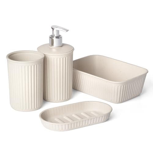TATAY Badezimmer Zubehör Set 4-teilig (Zahnputzbecher + Seifenspender + Seifenschale + Organizer A6) Baobab ECOHOME, Polypropylen, BPA frei, 100% Recycelter Kunststoff, Beige