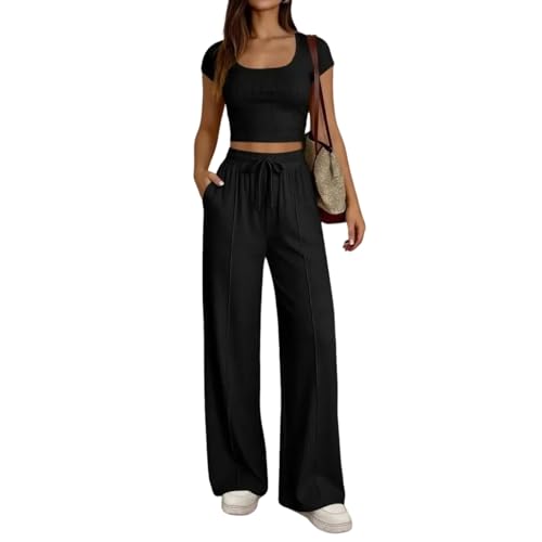 Generisch 2 Teiler Damen Sommer Elegant, Hausanzug Jogginganzug Set Lounge Sportanzug Y2K Outfit Homewear Mit Crop Top Und Schlaghosen Jogging Anzug Zweiteiler Elegant (M, Schwarz)