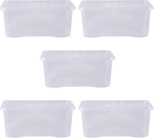 Wham 45-Liter-Speicher klare Kunststoff-Aufbewahrungsboxen mit Deckeln f�r Zuhause und B�ro, stapelbar und nestbar, Set aus 5 gro�en Aufbewahrungsboxen mit Deckeln, 60 x 40 x 25 cm