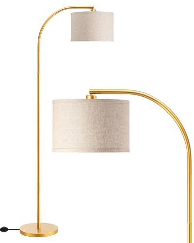EDISHINE Stehlampe Wohnzimmer, 161cm Bogenlampe mit Verstellem Beigen Leinen-Lampenschirm & Fußschalter, mit E27 LED-Glühbirne, Leselampe Schlafzimmer, Stehleuchte Modern für Kinderzimmer, Gold